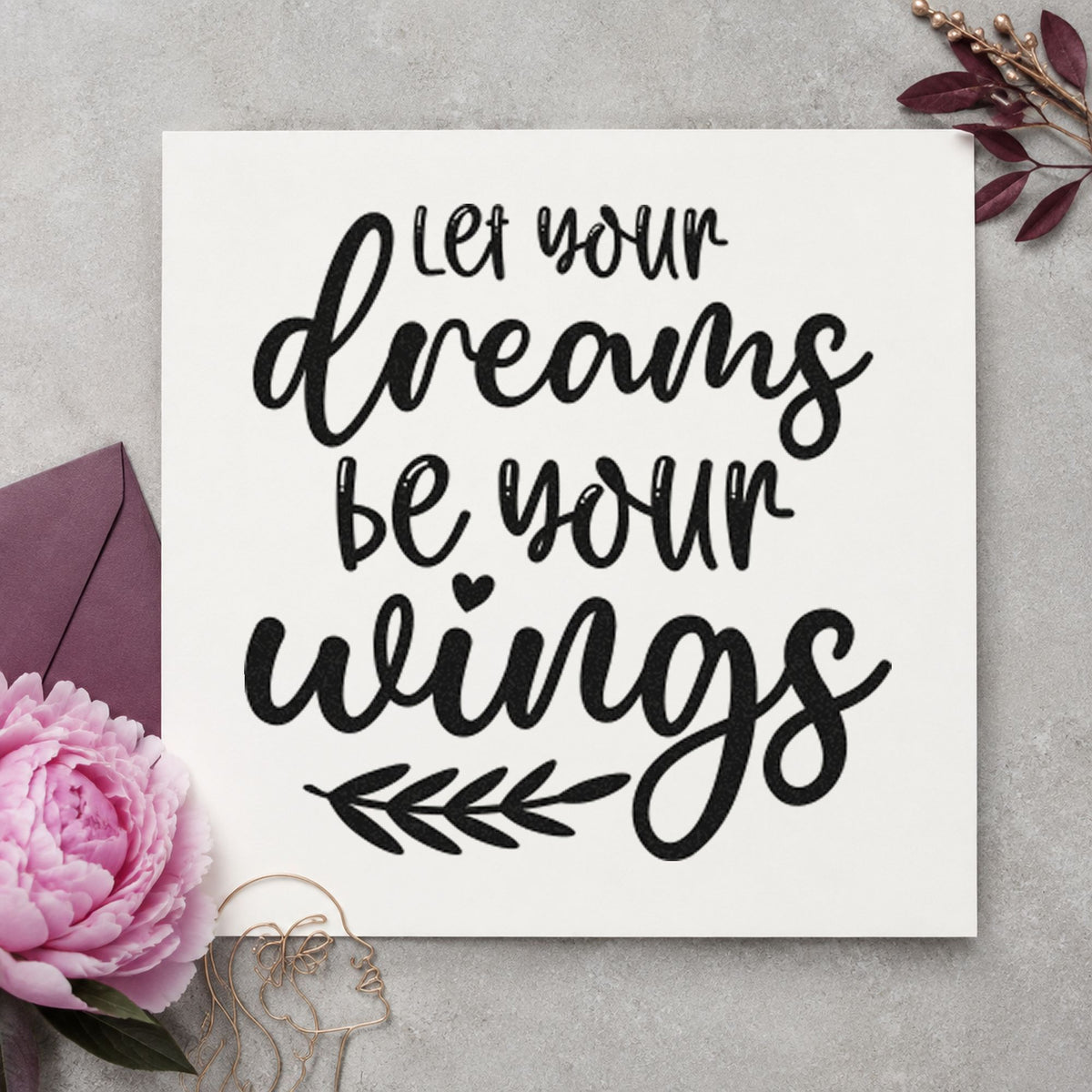 Dreams Wings Leafy Quote craft stamp in black ink on cardstock, an easy option for racing season album page.