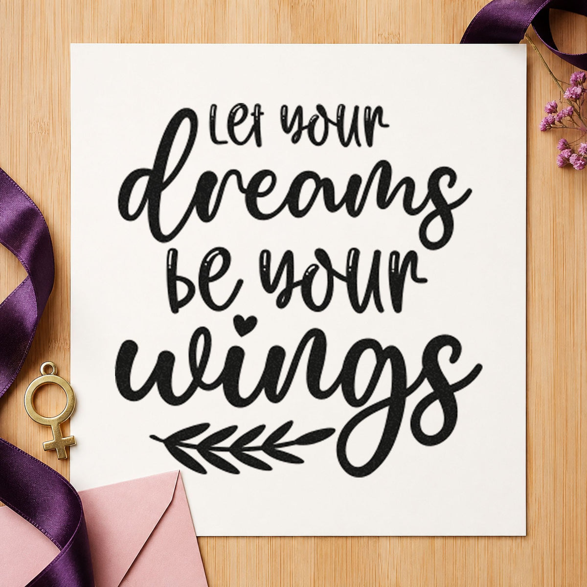 Dreams Wings Leafy Quote craft stamp imprint in black ink on a handmade project, one idea being ring number tags.