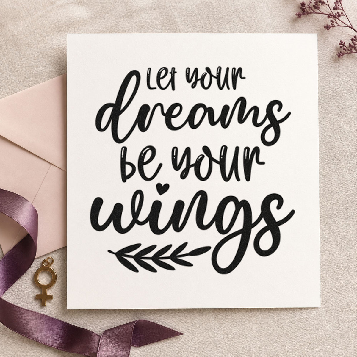 Dreams Wings Leafy Quote rubber stamp printed in black ink, ready for leafy sprig cards and similar paper crafts.