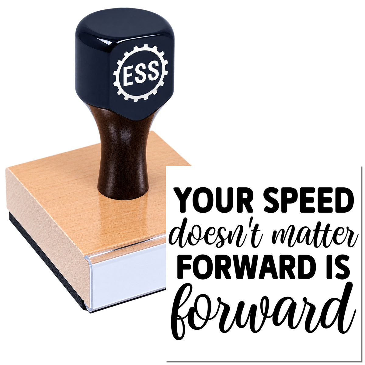 Dark blue ESSI stamp and seal on peach wax block with "Your speed doesn't matter, forward is forward" text.