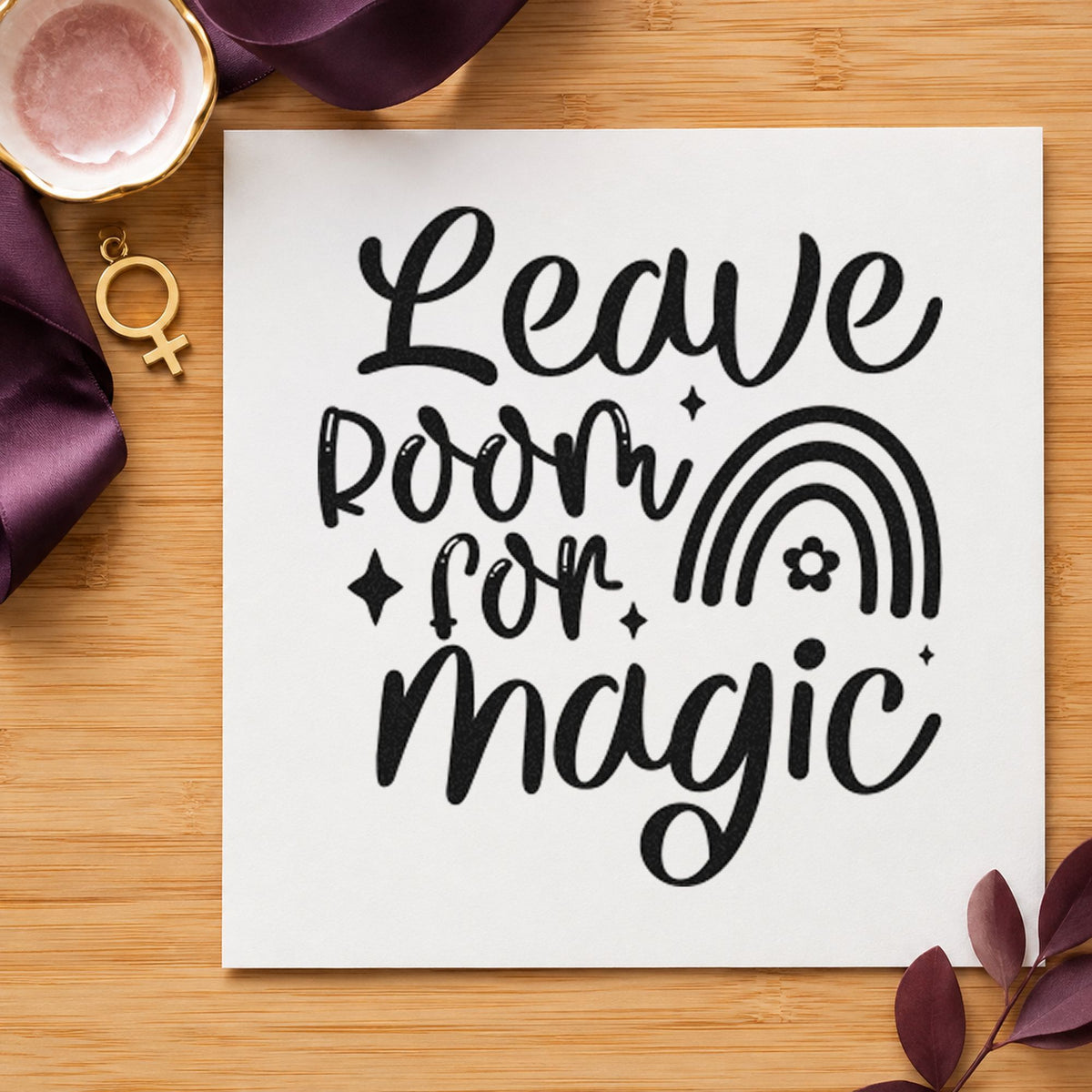 Leave Room Magic Rainbow craft stamp imprint in black ink on a handmade project, one idea being morning gift tags.