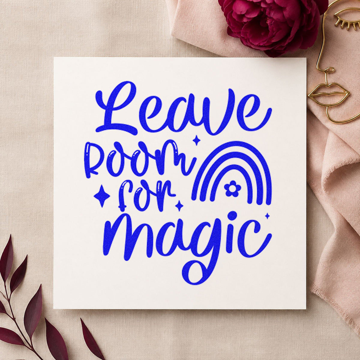 Leave Room Magic Rainbow craft stamp in blue ink on cardstock, an easy option for placemat printing.