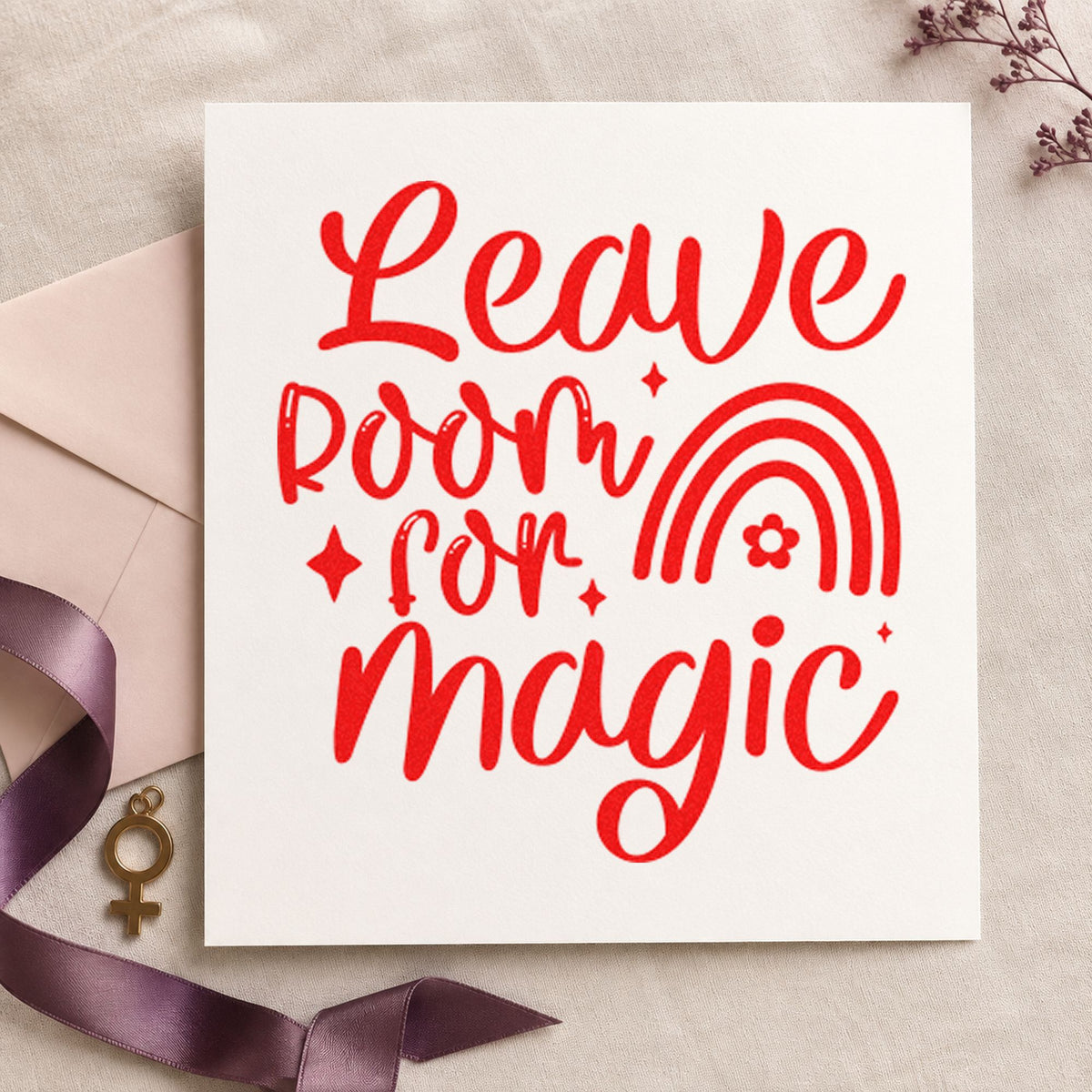 Leave Room Magic Rainbow rubber stamp shown in red ink, stamped for projects such as bin decor labels.