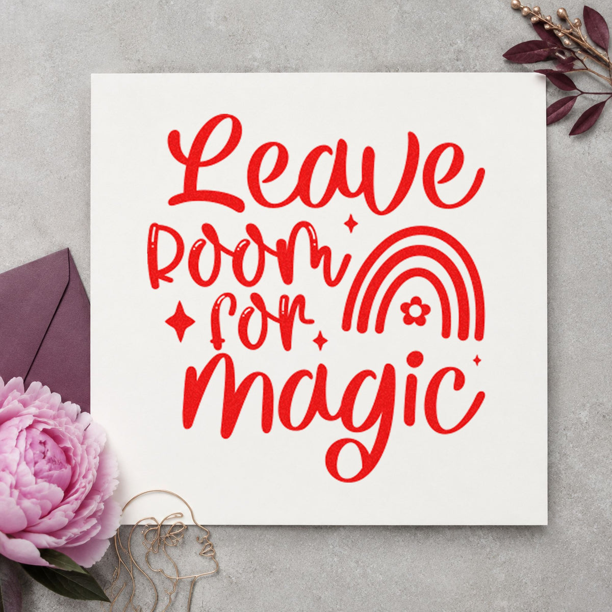 Leave Room Magic Rainbow craft stamp imprint in red ink on a handmade project, one idea being year note cards.