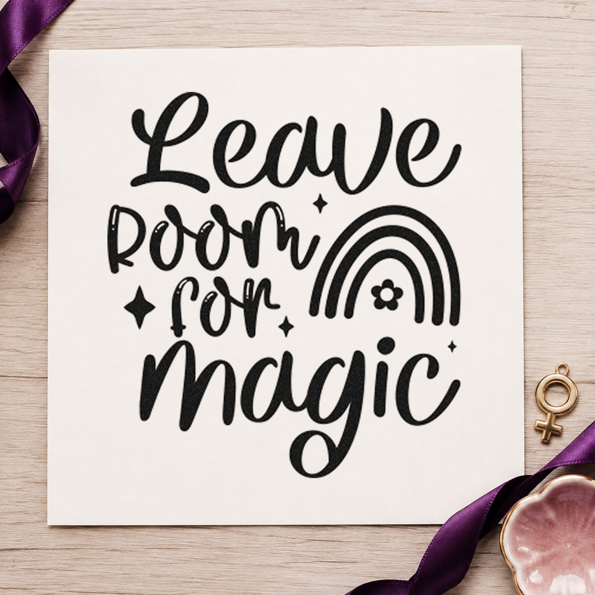 Leave Room Magic Rainbow rubber stamp printed in black ink, ready for tiny flower cards and similar paper crafts.