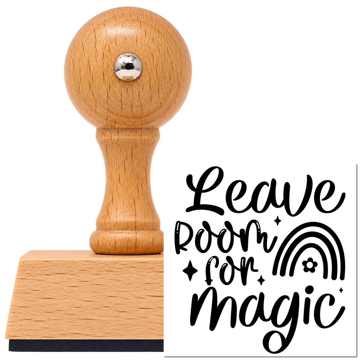 Vintage Pro beech wood stamp with a round knob handle, shown with its black Leave Room Magic Rainbow imprint on white.