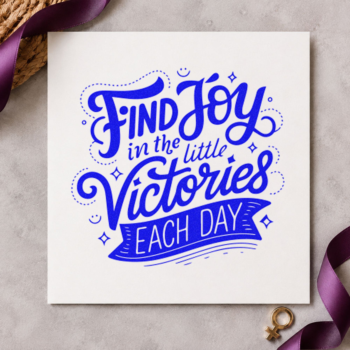 Find Joy Little Victories craft stamp in blue ink on cardstock, an easy option for tote panel printing.