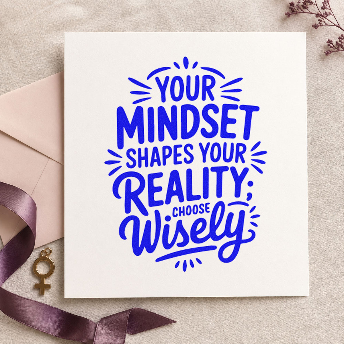 Mindset Shapes Your Reality craft stamp in blue ink on cardstock, an easy option for team blazer printing.
