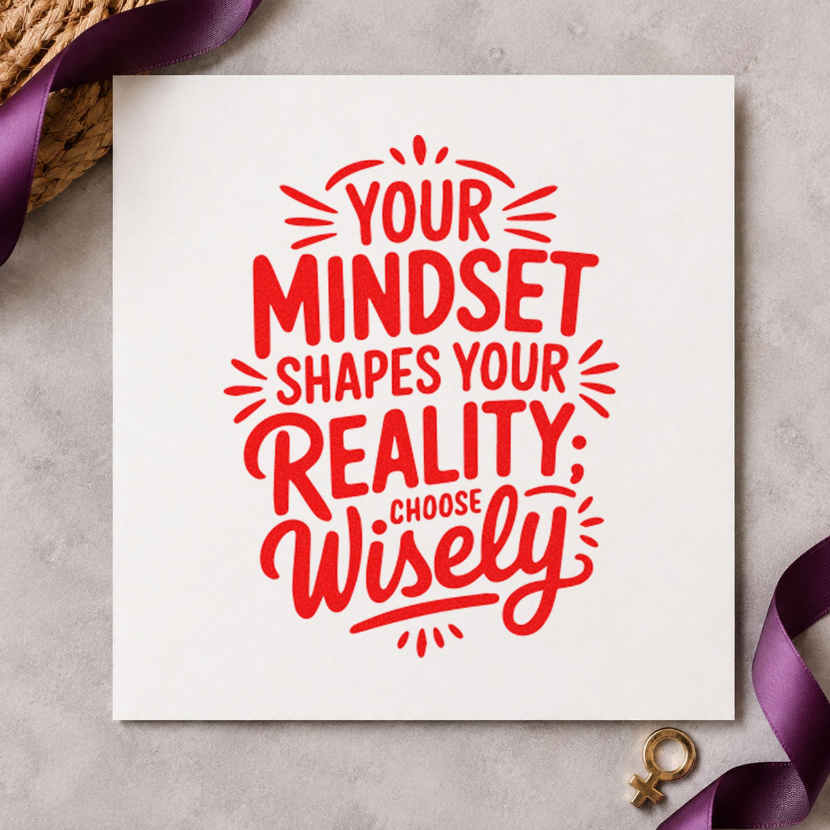 Mindset Shapes Your Reality craft stamp imprint in red ink on a handmade project, one idea being rebuttal prep cards.