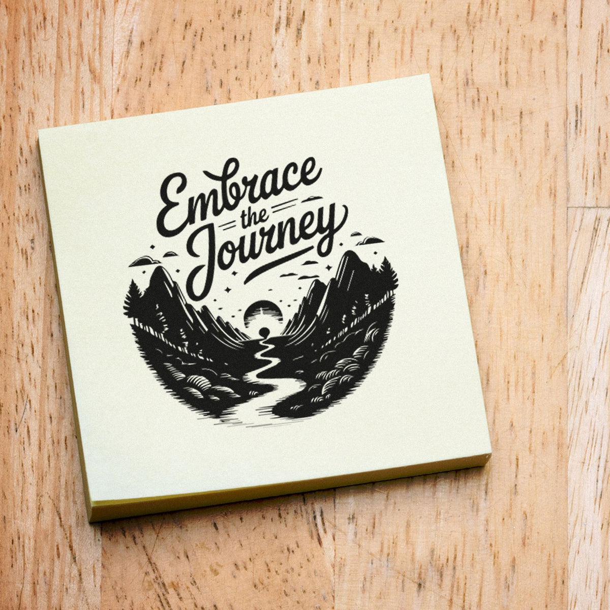 Square cream rubber stamp seal with black Embrace the Journey mountain and river design on wood.