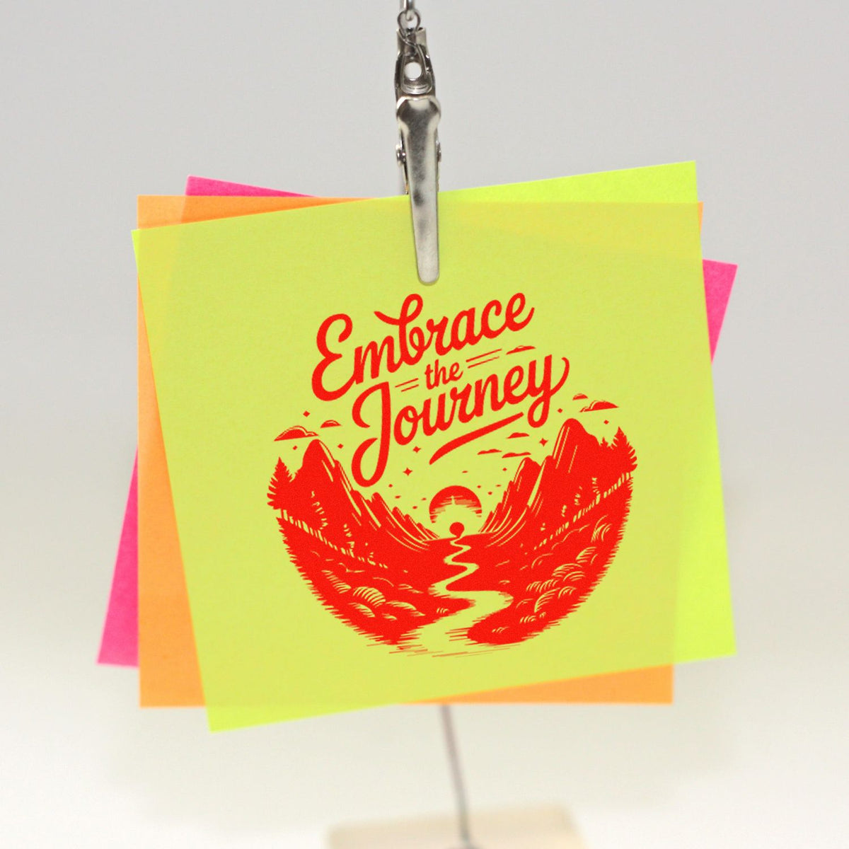 Neon yellow stamp-and-seal note with red Embrace the Journey mountain graphic, clipped over pink and orange sticky notes.