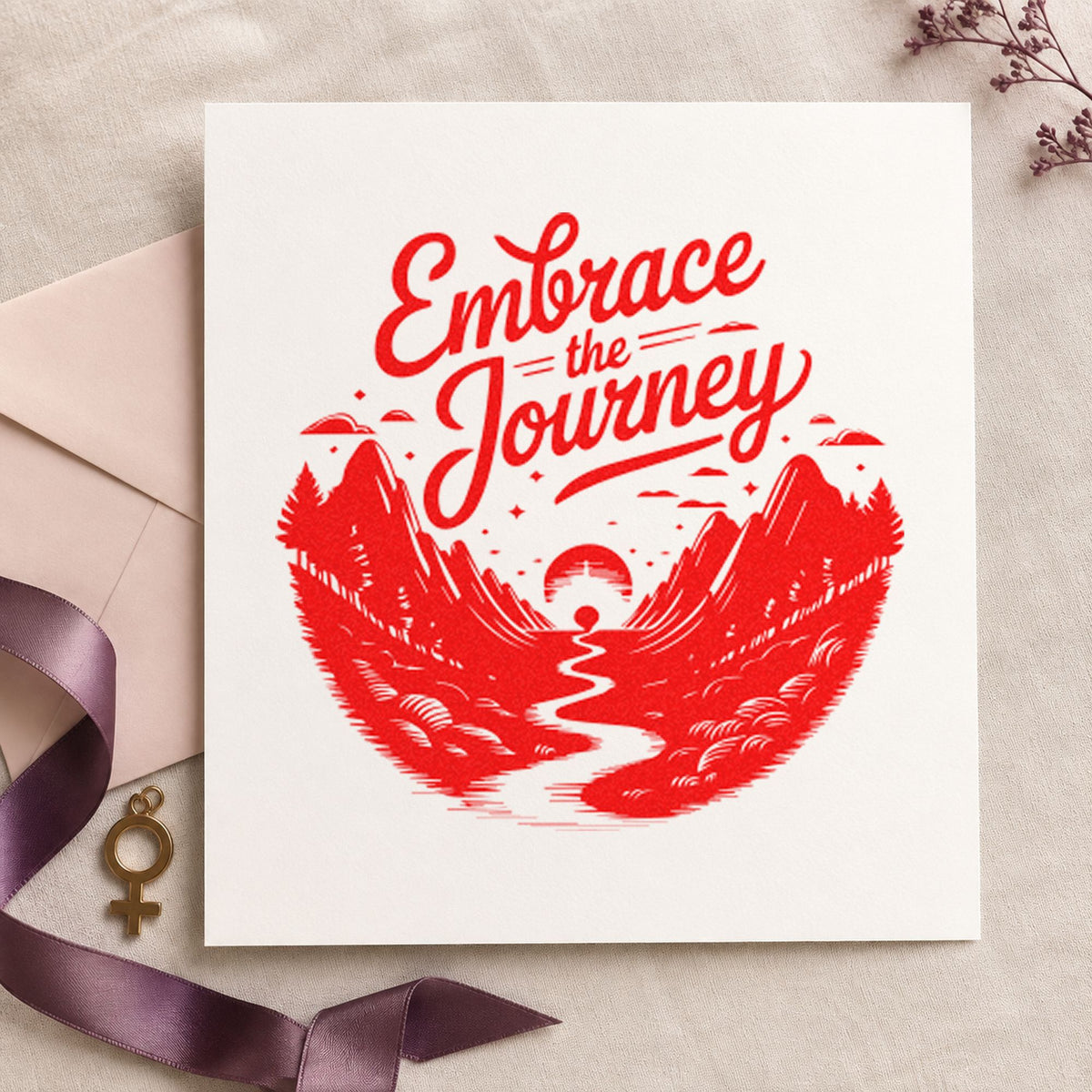 Embrace Journey Mountain Landscape craft stamp imprint in red ink on a handmade project, one idea being junior ranger cards.
