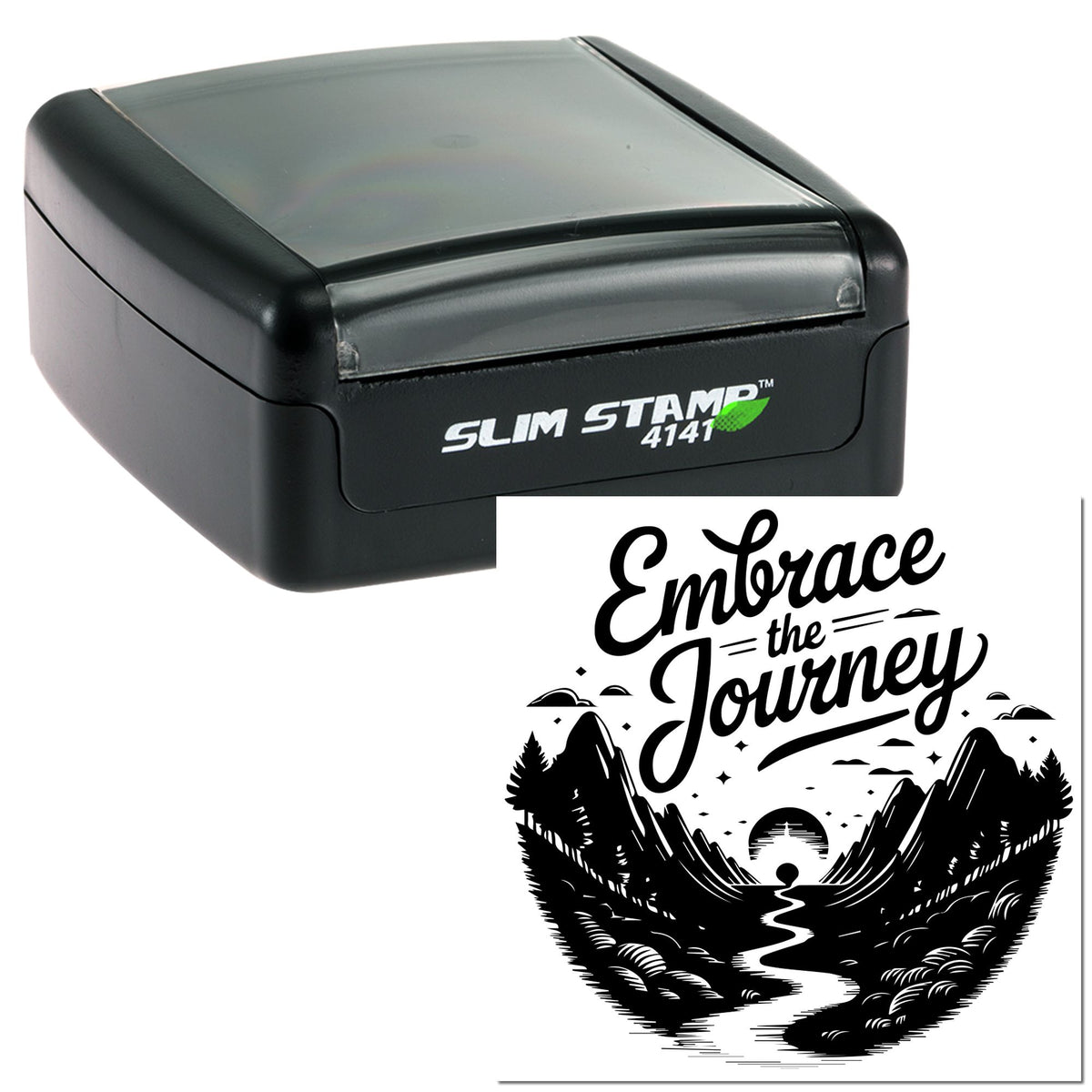 Black slim stamp and seal set with gray top, featuring a black Embrace the Journey mountain design on white background.