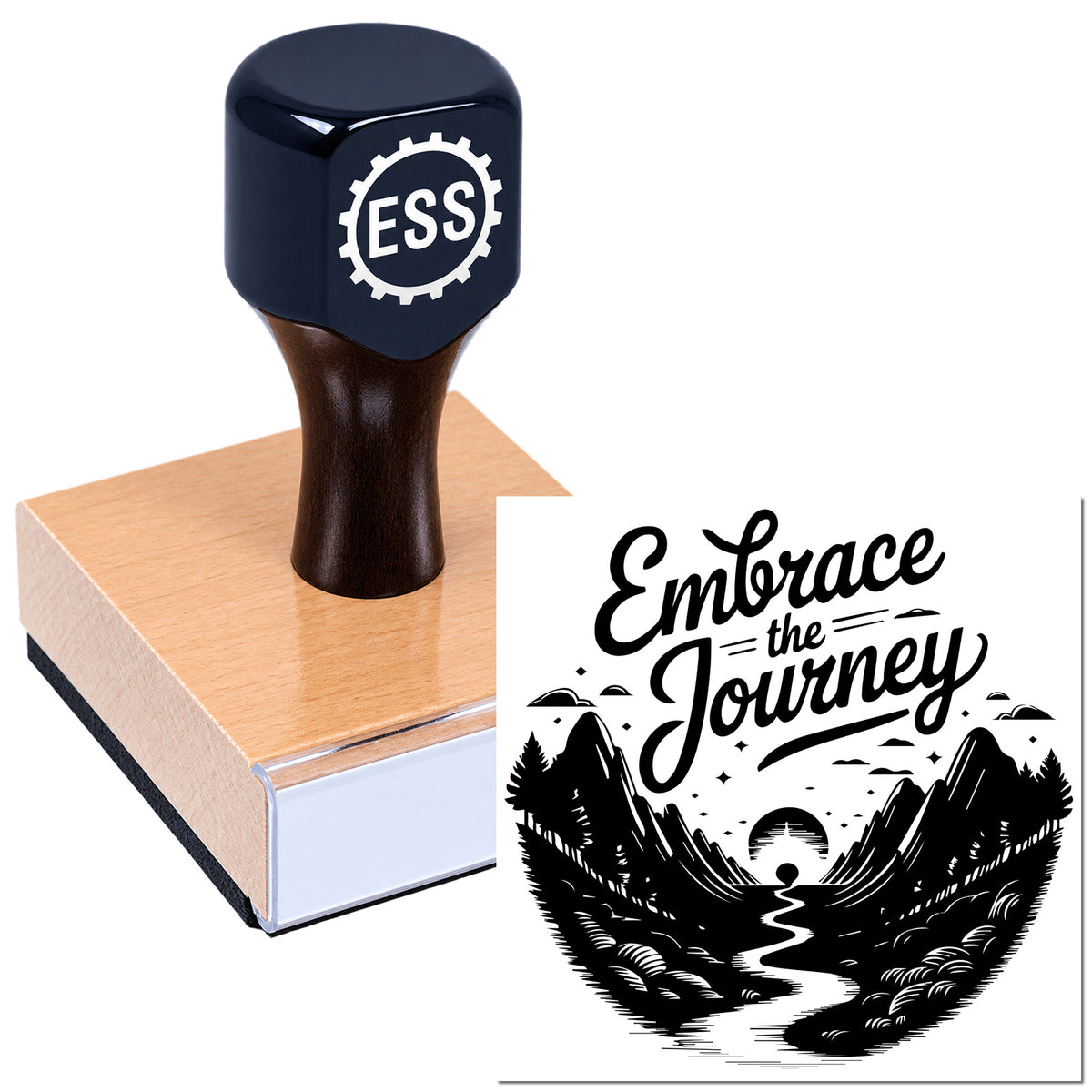 Custom rubber stamp with navy handle and pink wood block, featuring ESSI logo and "Embrace the Journey" seal design.
