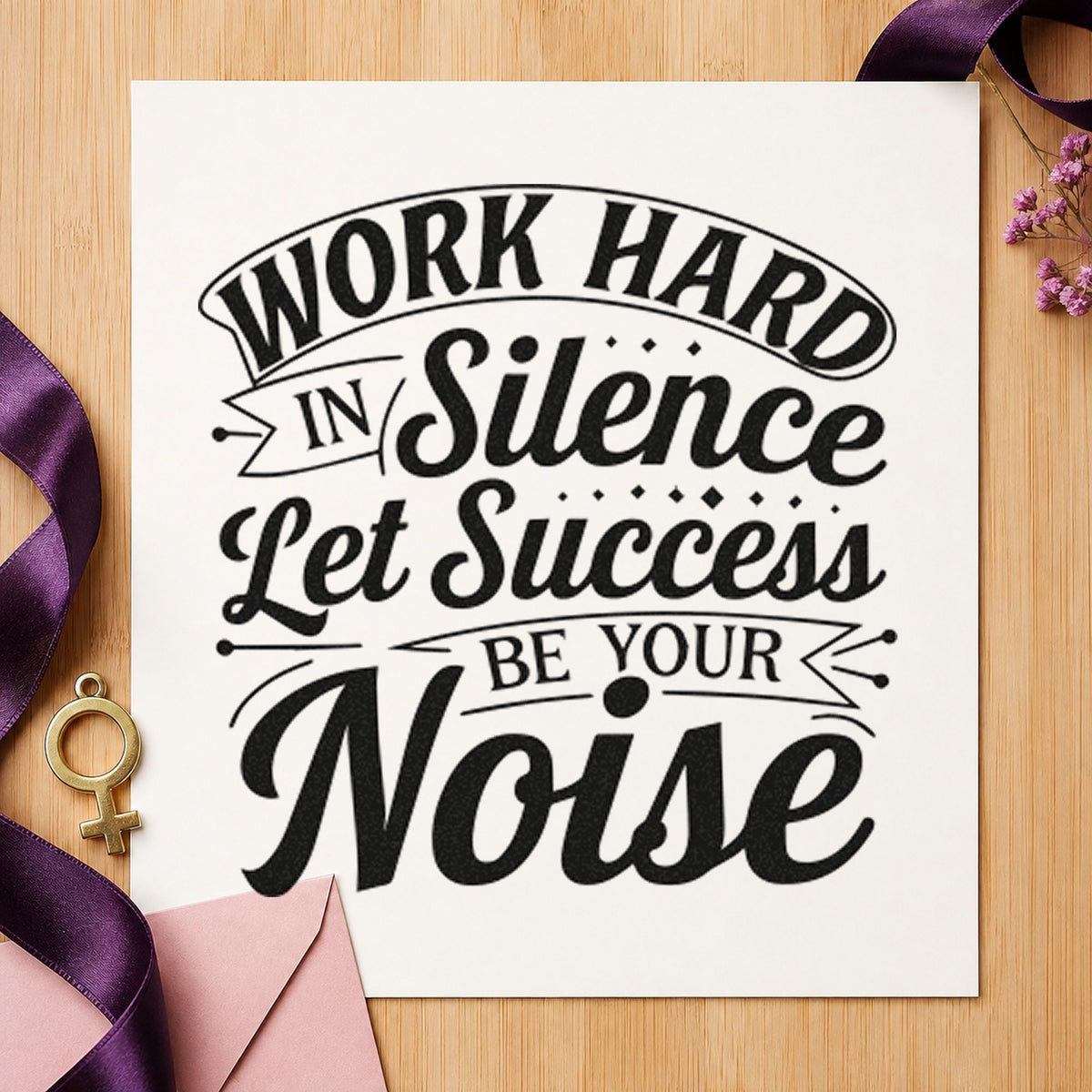 Work Hard In Silence craft stamp in black ink on cardstock, an easy option for bench album page.