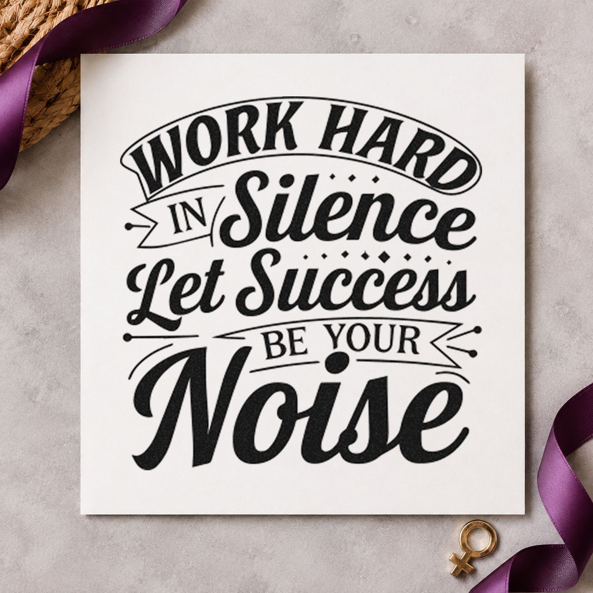 Work Hard In Silence craft stamp imprint in black ink on a handmade project, one idea being repair gift tags.