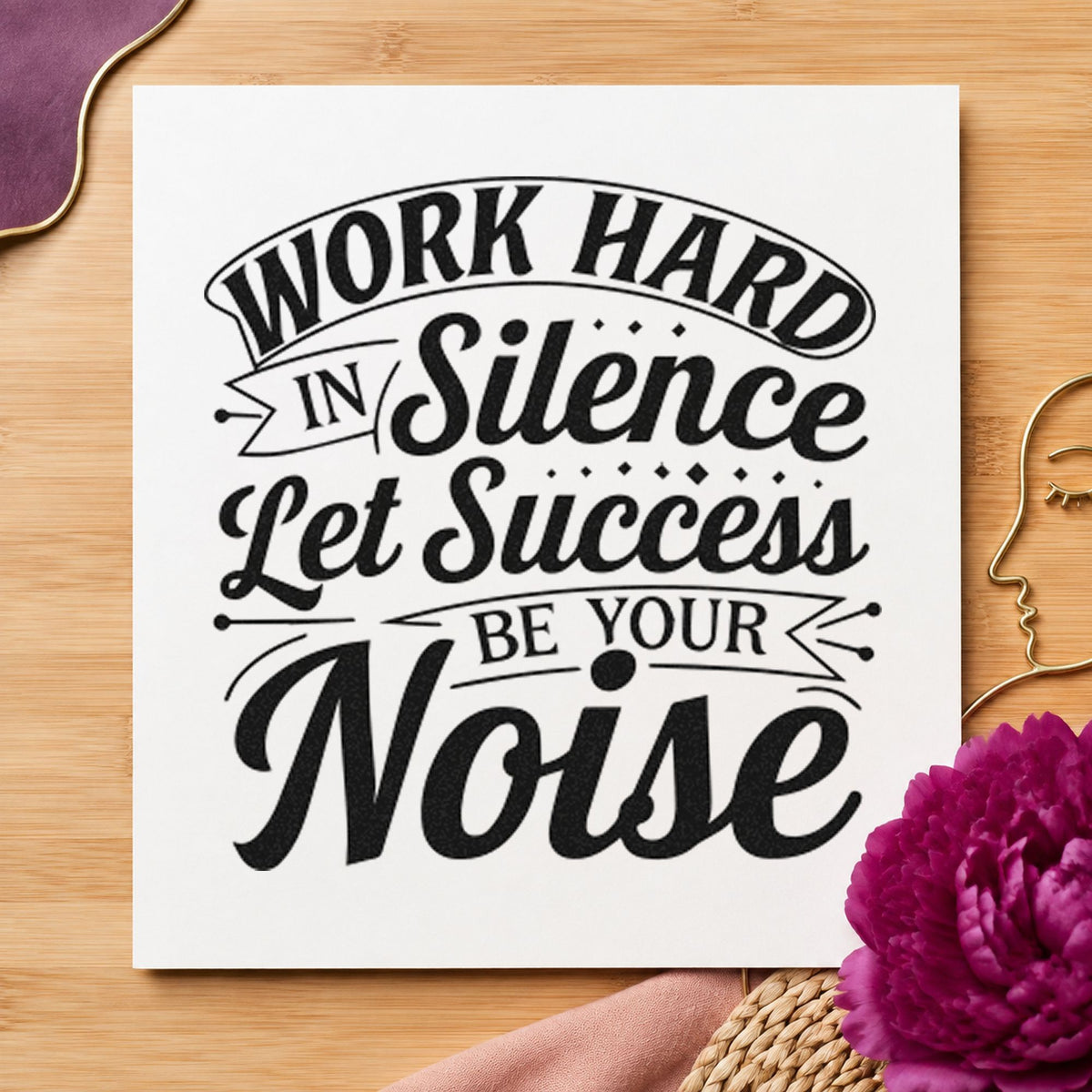 Work Hard In Silence rubber stamp printed in black ink, ready for service log sheet and similar paper crafts.