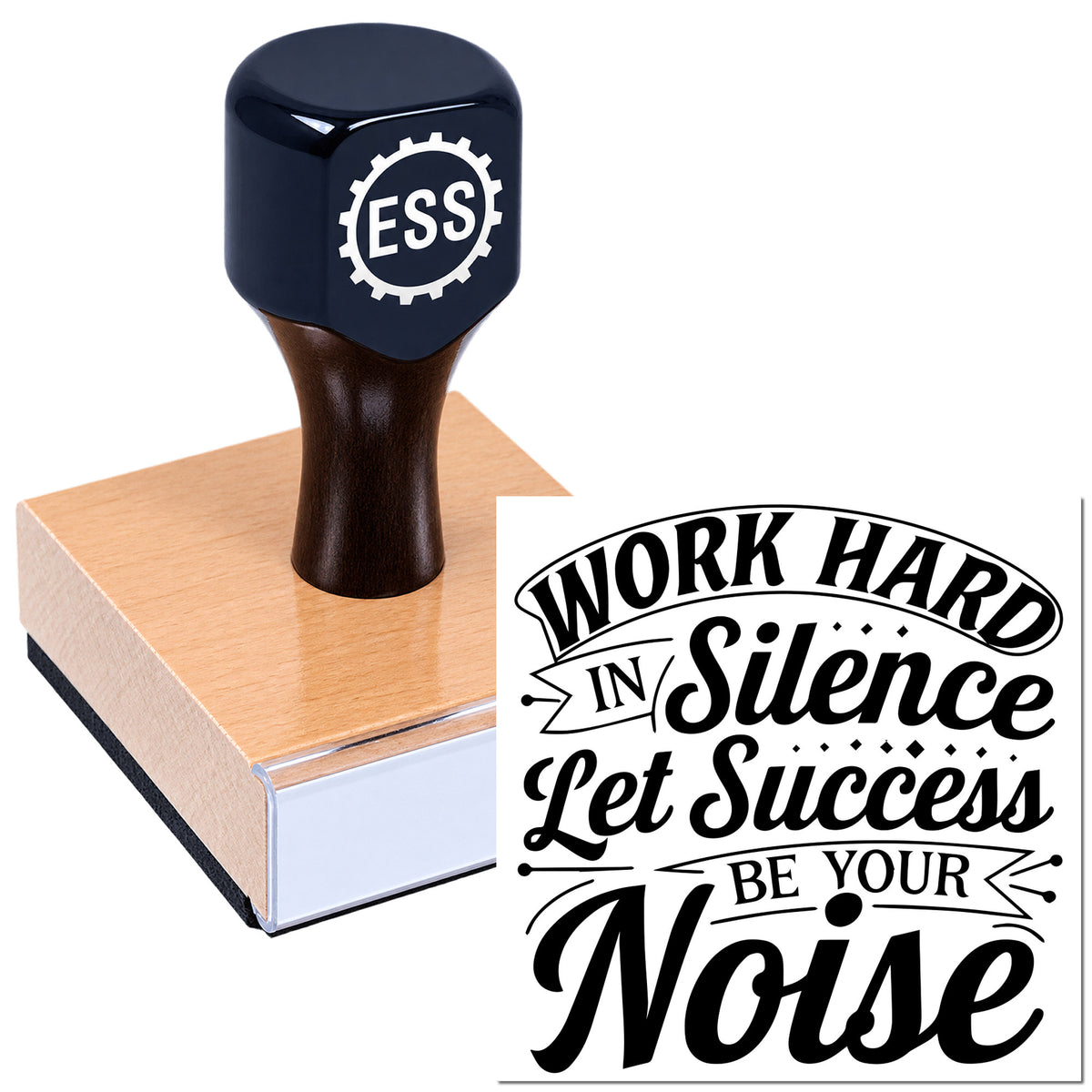 Navy blue custom rubber stamp on a peach wood base, with bold black "Work Hard in Silence" seal design.