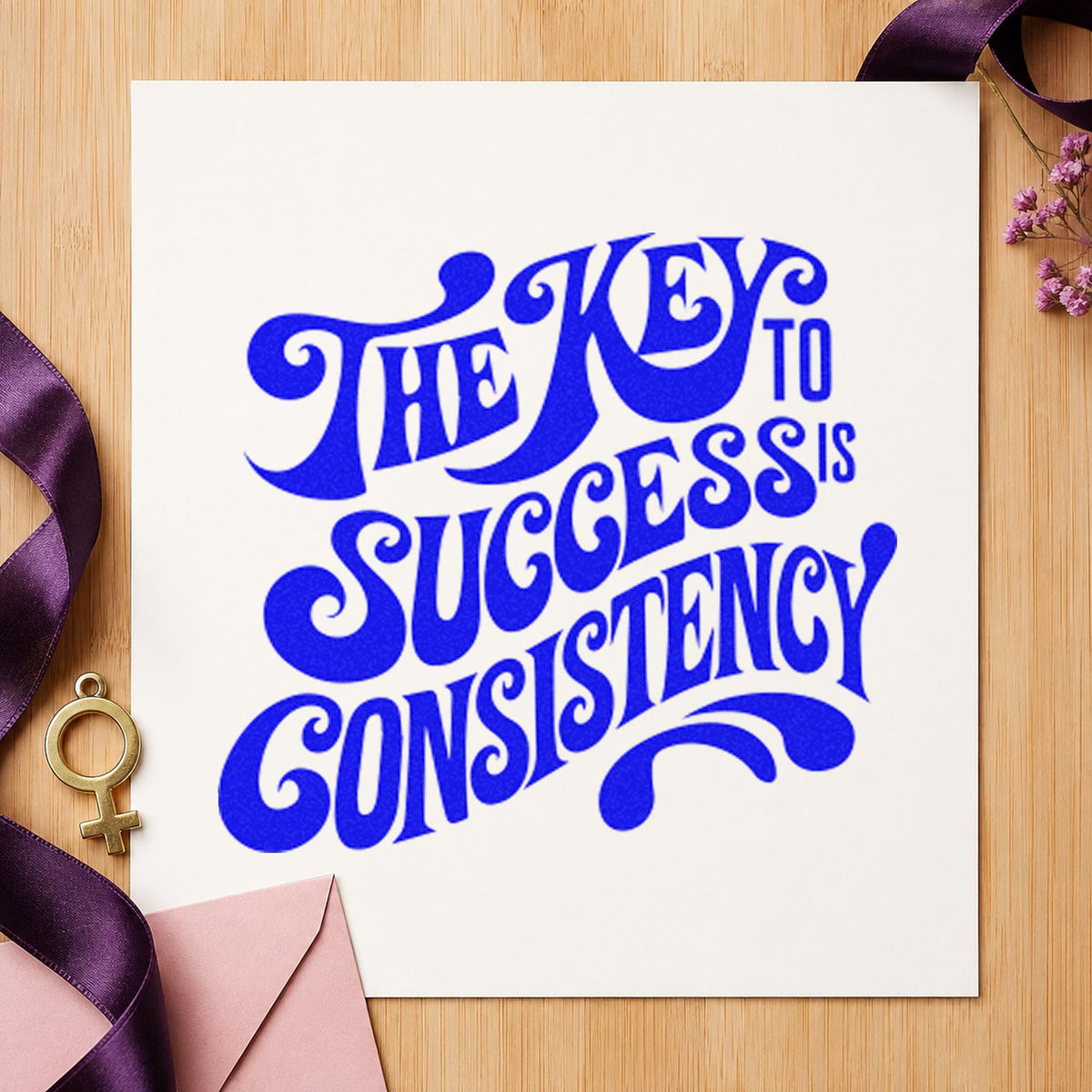 Key To Success Consistency craft stamp in blue ink on cardstock, an easy option for desk runner printing.