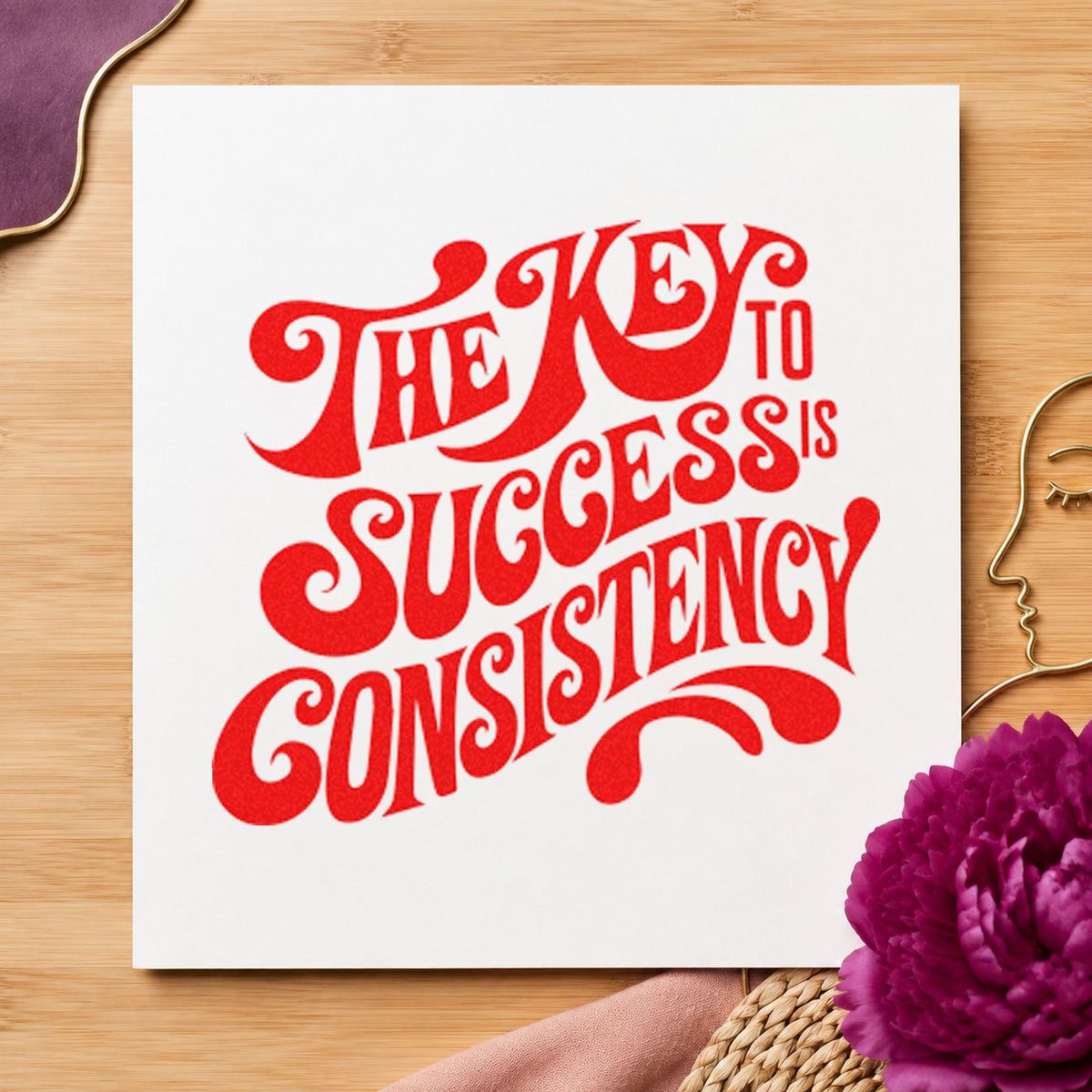 Key To Success Consistency rubber stamp shown in red ink, stamped for projects such as drawer topic labels.