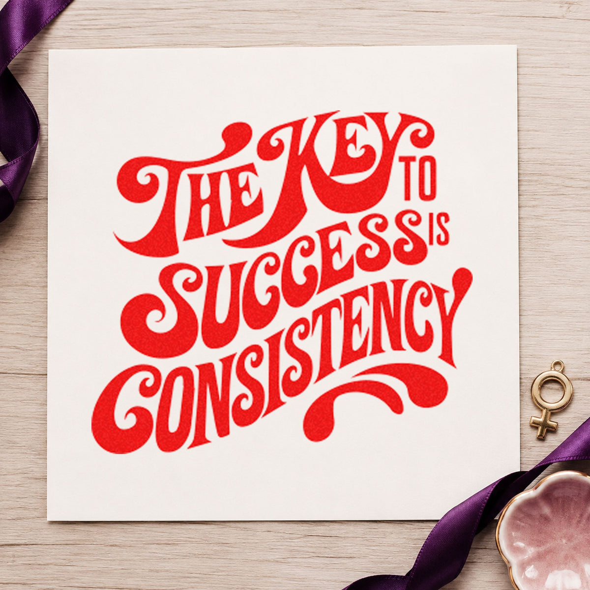 Key To Success Consistency craft stamp imprint in red ink on a handmade project, one idea being idea bank cards.