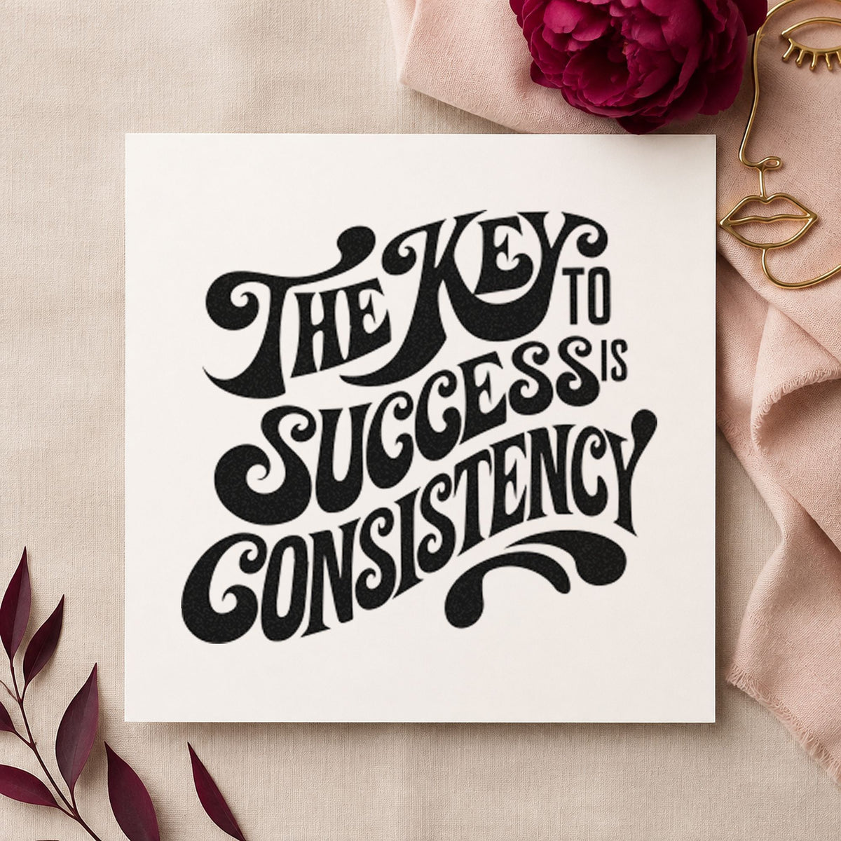 Key To Success Consistency rubber stamp printed in black ink, ready for bold decorative cards and similar paper crafts.