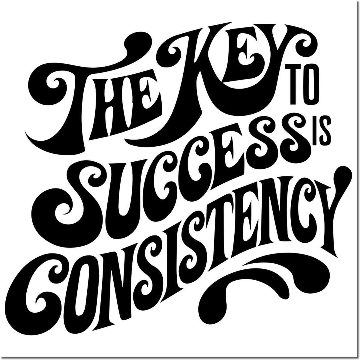 Black decorative rubber stamp seal with the phrase The key to success is consistency on a white background.