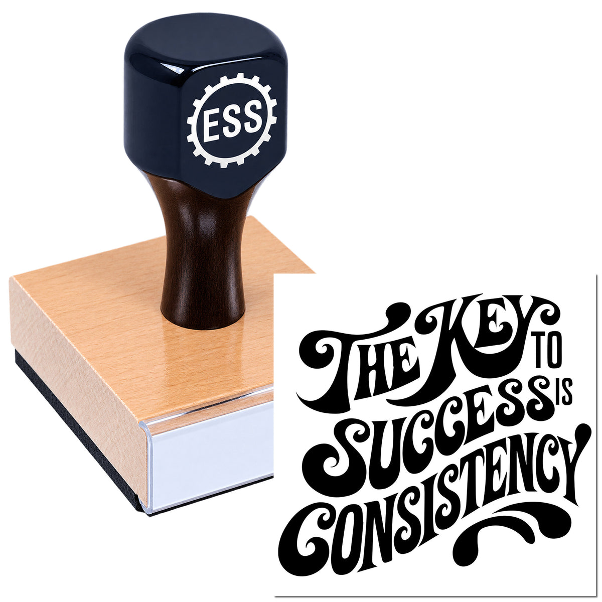 Black custom rubber stamp and seal with ESS gear logo on copper pad, beside bold black quote: "The key to success is consistency."
