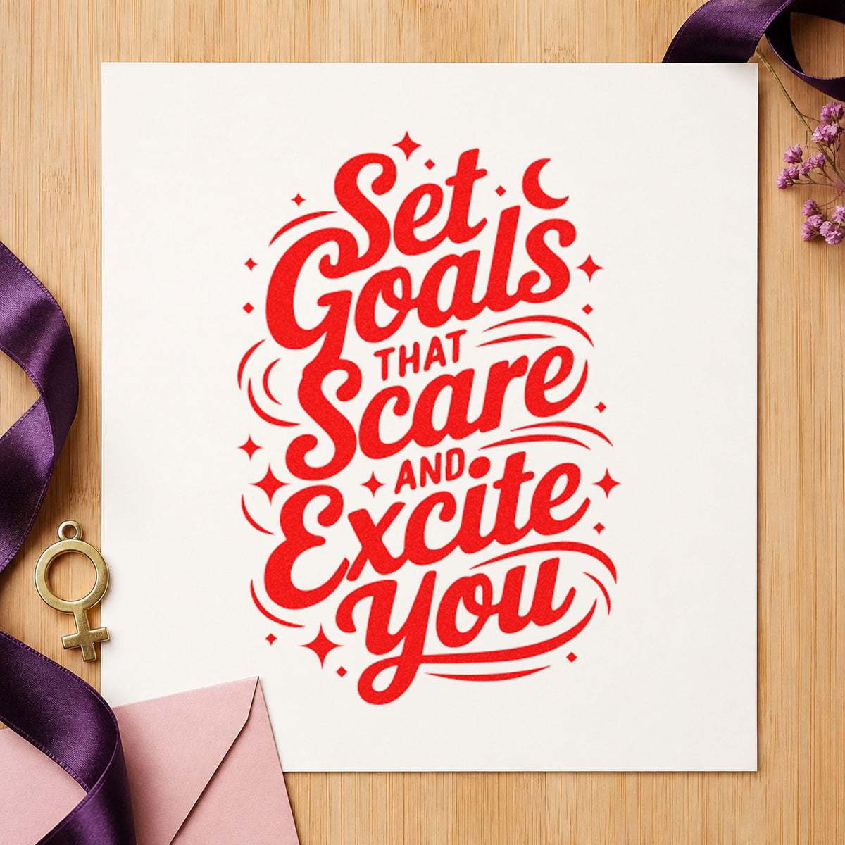 Set Goals That Excite craft stamp imprint in red ink on a handmade project, one idea being panel brief cards.