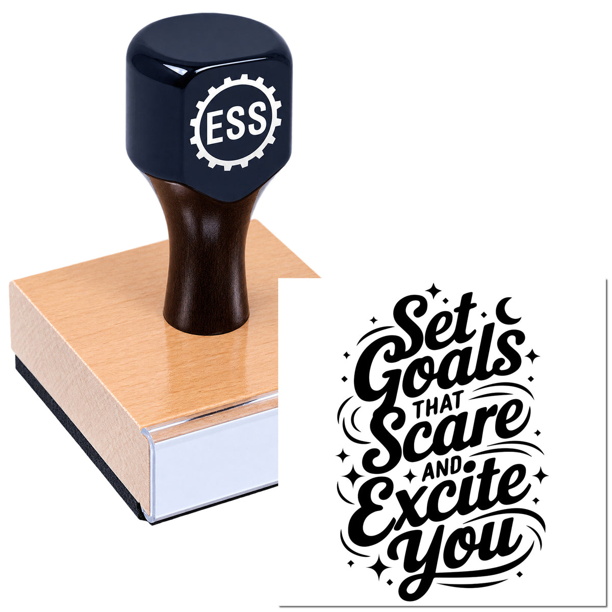 Dark navy ESS rubber stamp and seal on a peach pad beside black "Set Goals..." lettering.
