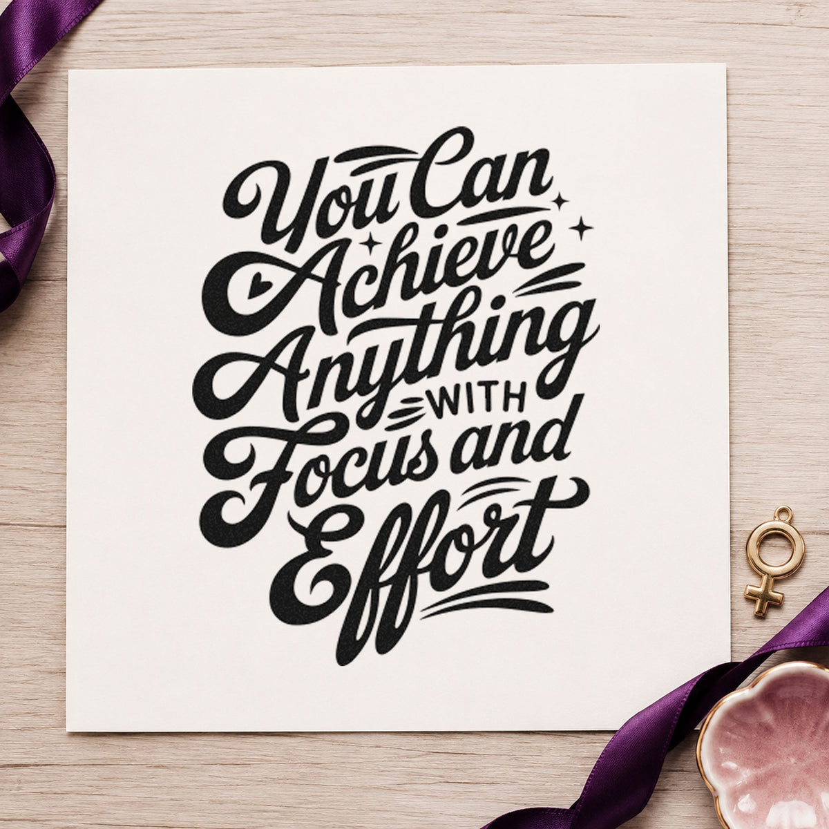 Achieve With Focus Effort craft stamp imprint in black ink on a handmade project, one idea being uniform gift tags.