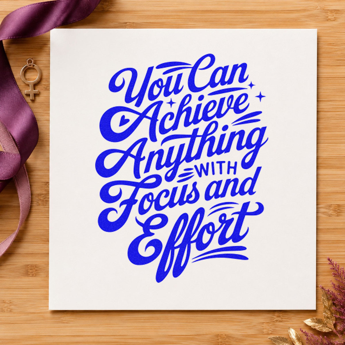 Achieve With Focus Effort craft stamp imprinted in blue ink on paper, a design suited to framed band room.