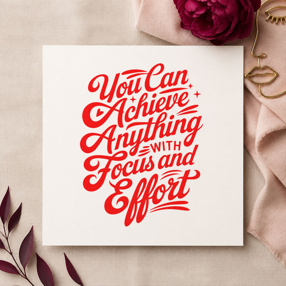Achieve With Focus Effort rubber stamp shown in red ink, stamped for projects such as case instrument labels.
