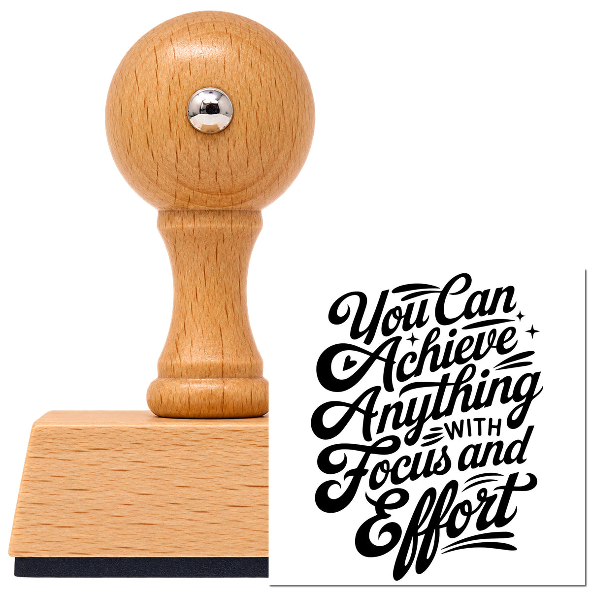 Vintage Pro beech wood stamp with a round knob handle, shown with its black Achieve With Focus Effort imprint on white.