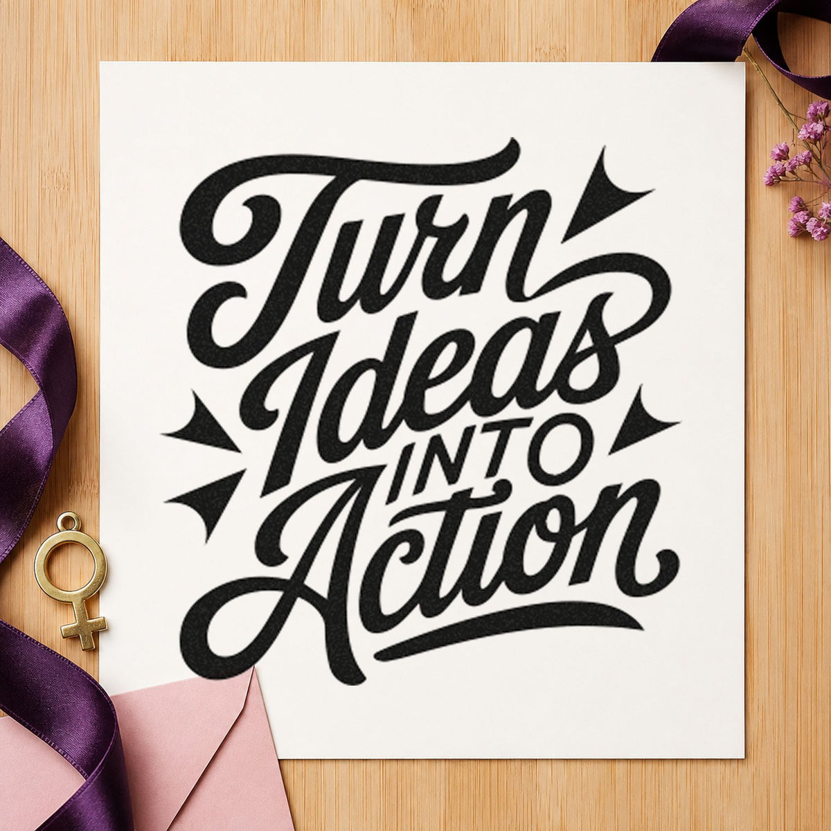 Turn Ideas Into Action craft stamp imprint in black ink on a handmade project, one idea being volunteer gift tags.