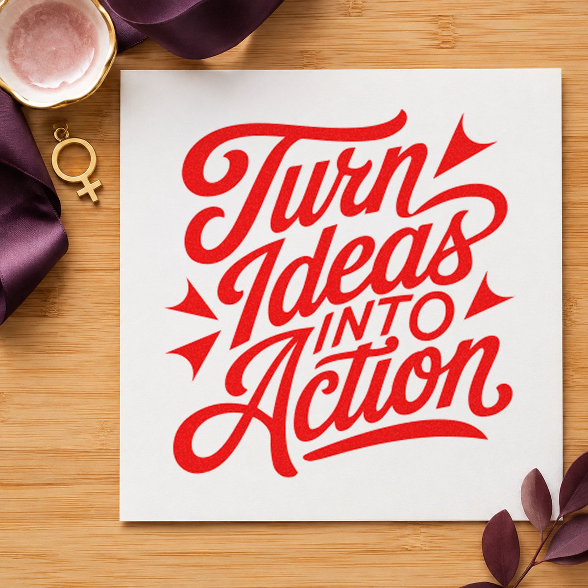 Turn Ideas Into Action craft stamp imprint in red ink on a handmade project, one idea being progress report cards.