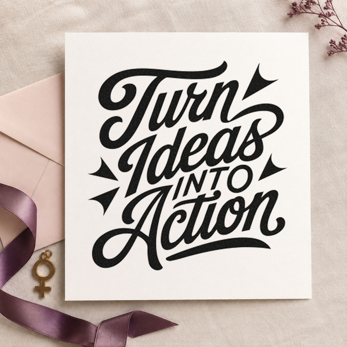 Turn Ideas Into Action rubber stamp printed in black ink, ready for pointed accent cards and similar paper crafts.