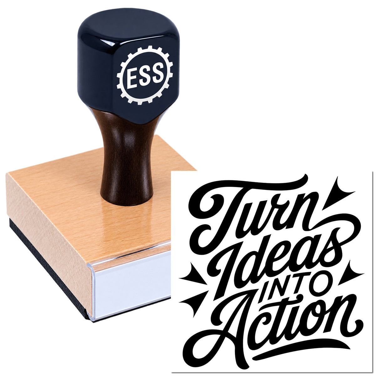 Black ESS rubber stamp on a pink seal block, with bold black "Turn Ideas Into Action" script.