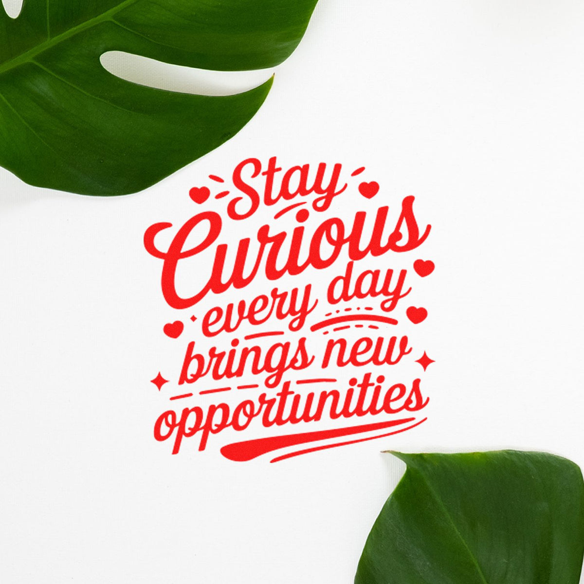 Red decorative stamp seal with quote Stay Curious, every day brings new opportunities, framed by green leaves on white.