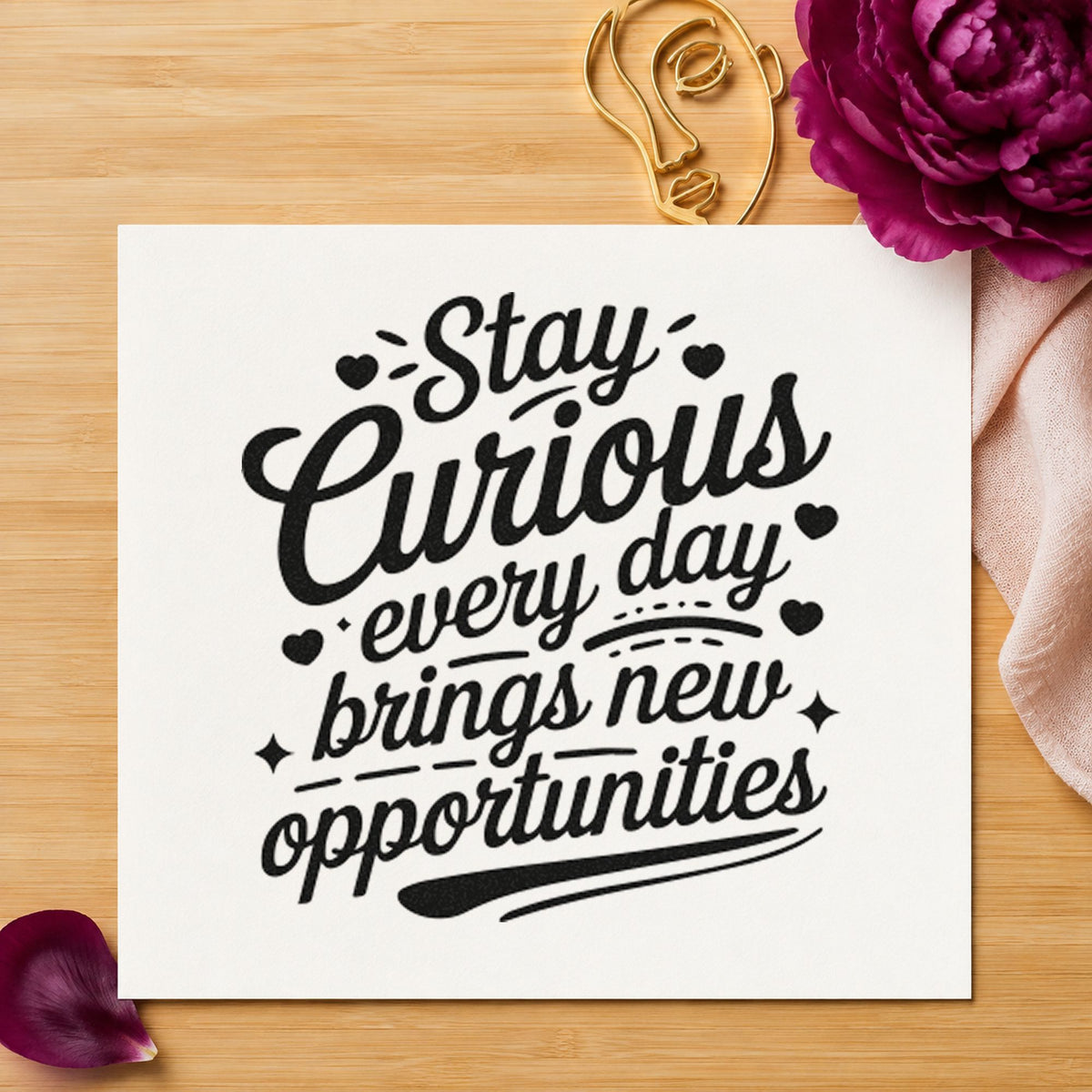 Stay Curious Every Day craft stamp imprint in black ink on a handmade project, one idea being kit box gift tags.