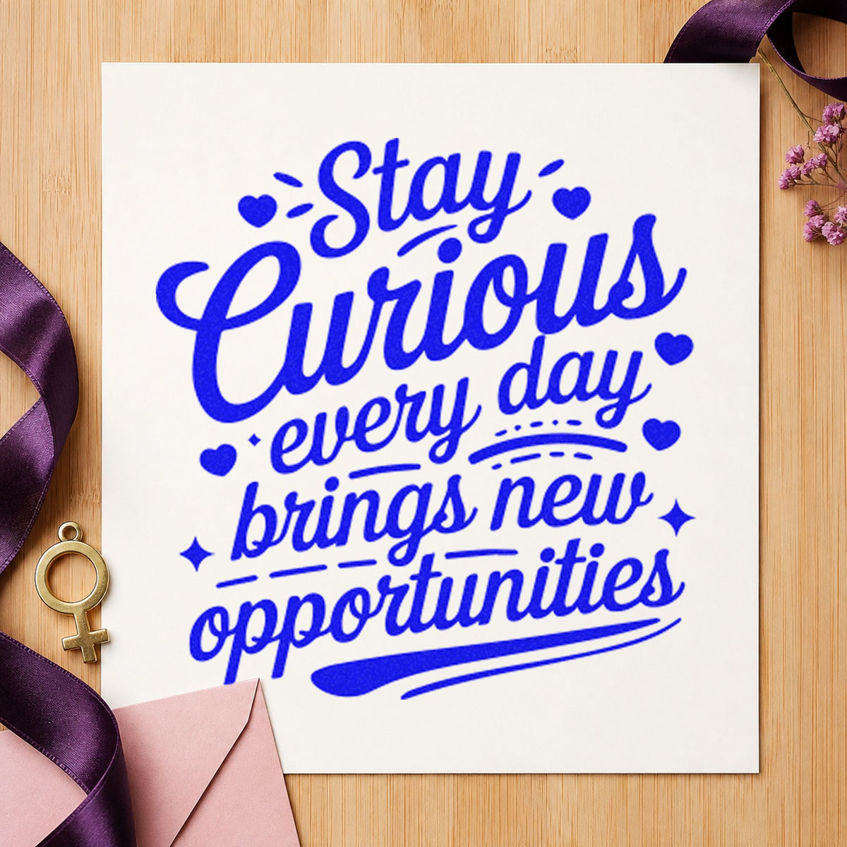 Stay Curious Every Day craft stamp imprinted in blue ink on paper, a design suited to framed kitchen counter.
