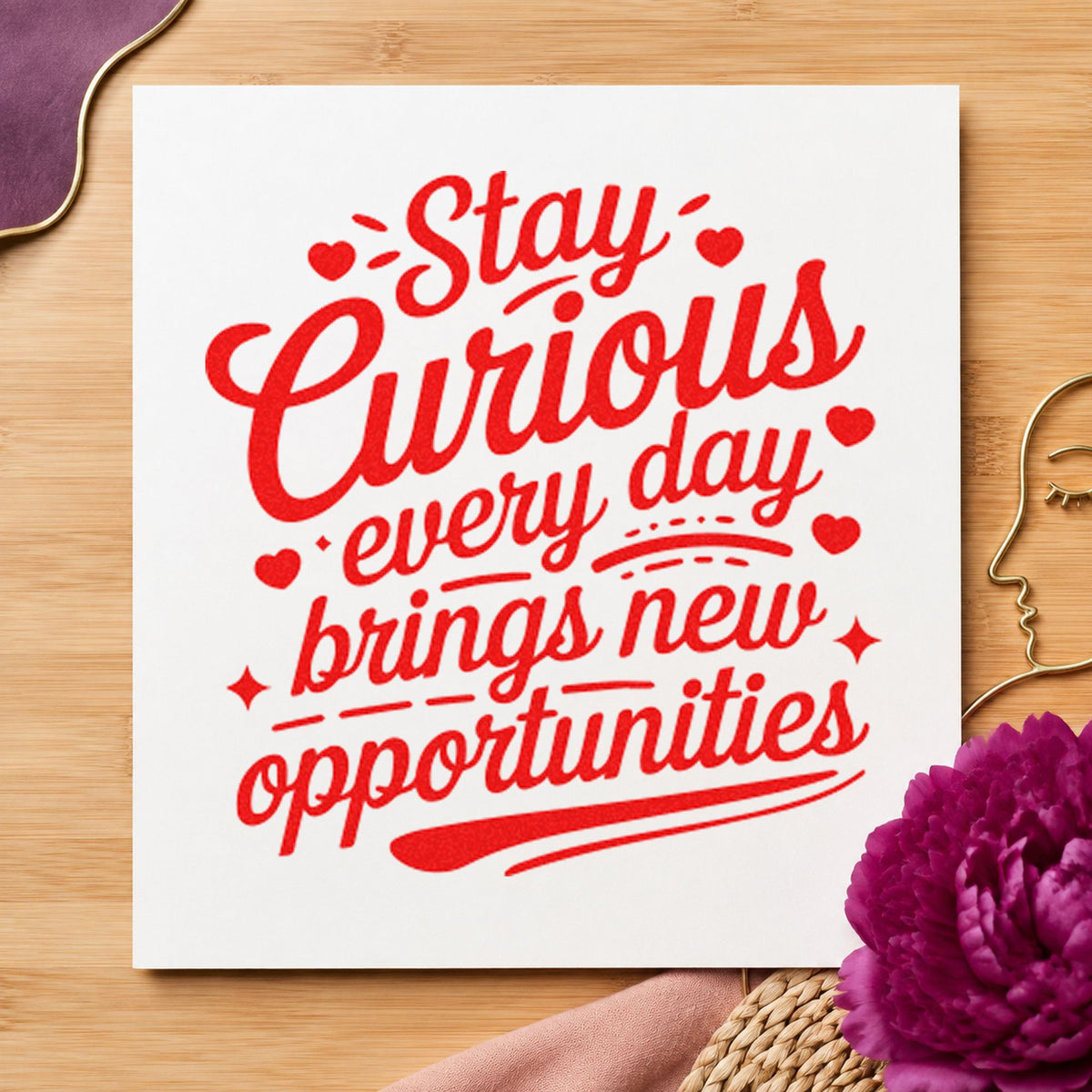Stay Curious Every Day craft stamp imprint in red ink on a handmade project, one idea being question prompt cards.