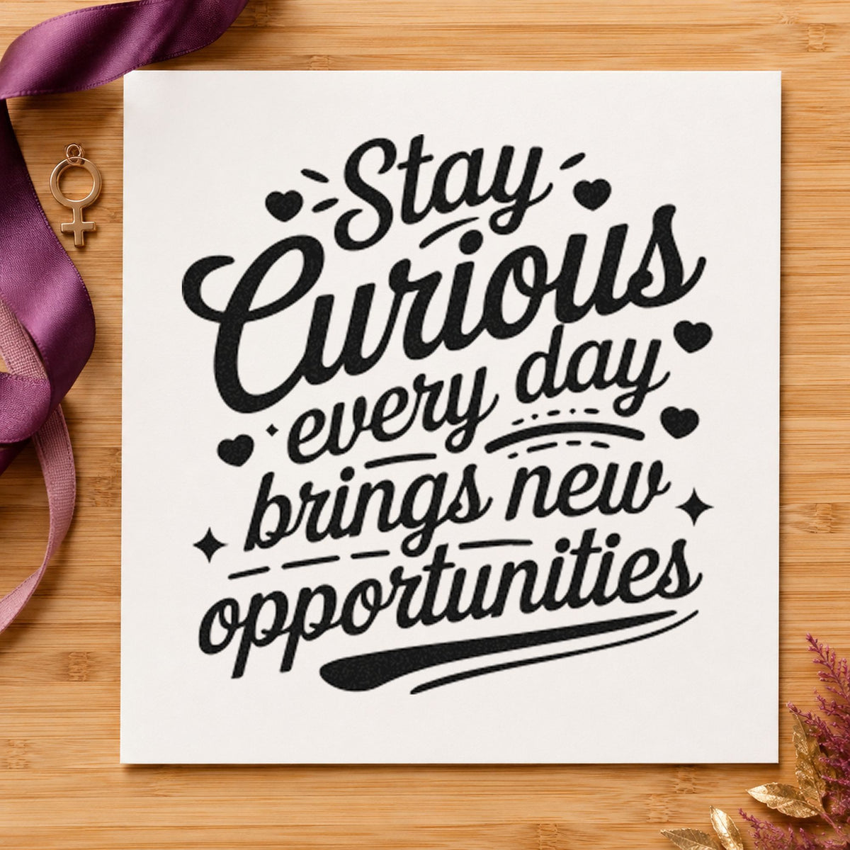 Stay Curious Every Day rubber stamp printed in black ink, ready for underline heart cards and similar paper crafts.