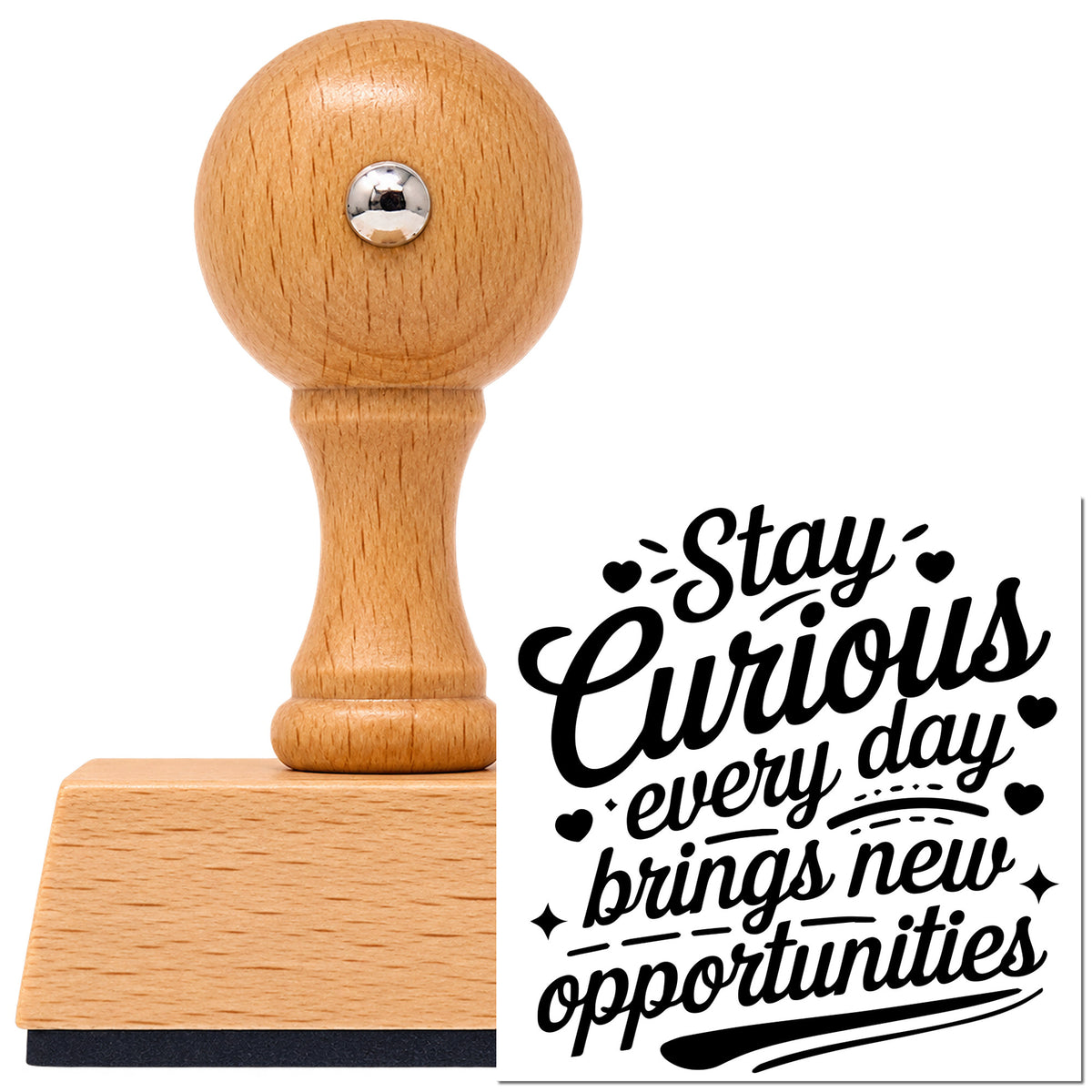 Vintage Pro beech wood stamp with a round knob handle, shown with its black Stay Curious Every Day imprint on white.