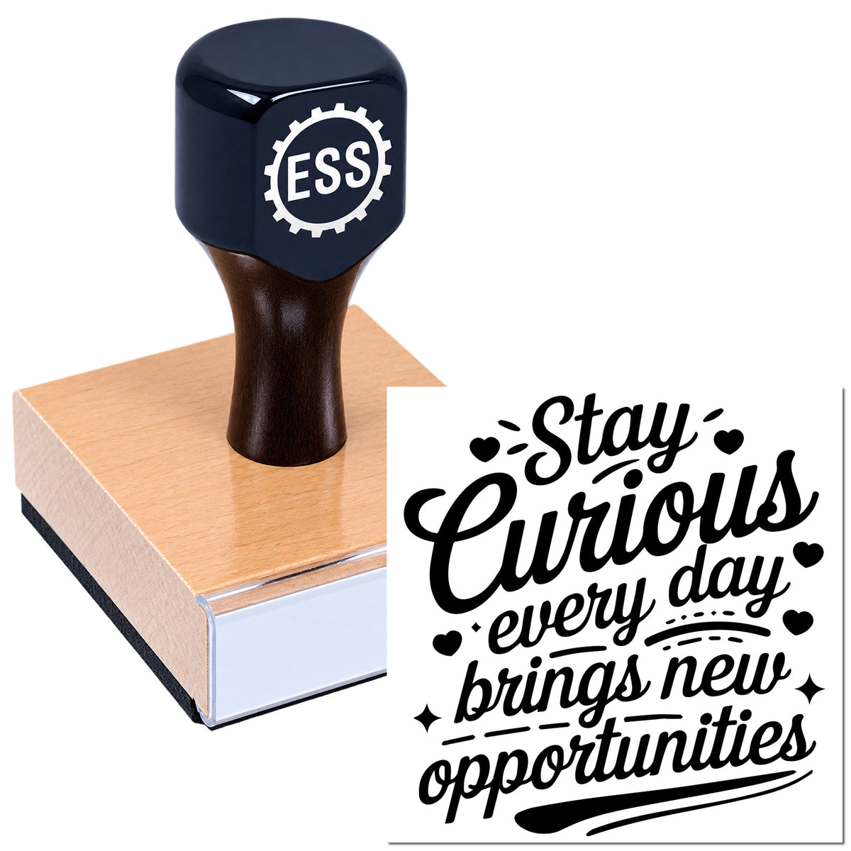 Black ESS custom stamp seal on a pink block with black "Stay Curious every day brings new opportunities" script design.