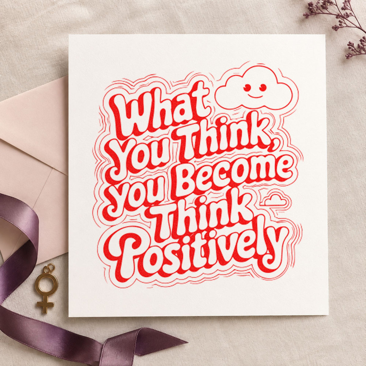 Think Positive Smiling Cloud rubber stamp shown in red ink, stamped for projects such as bin notice labels.