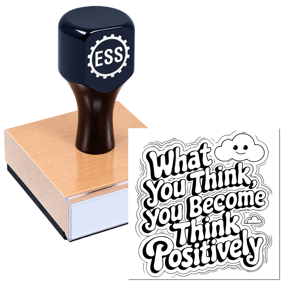 Black ESS stamp on a pink sealing block beside bold "What You Think You Become Think Positively" seal design.