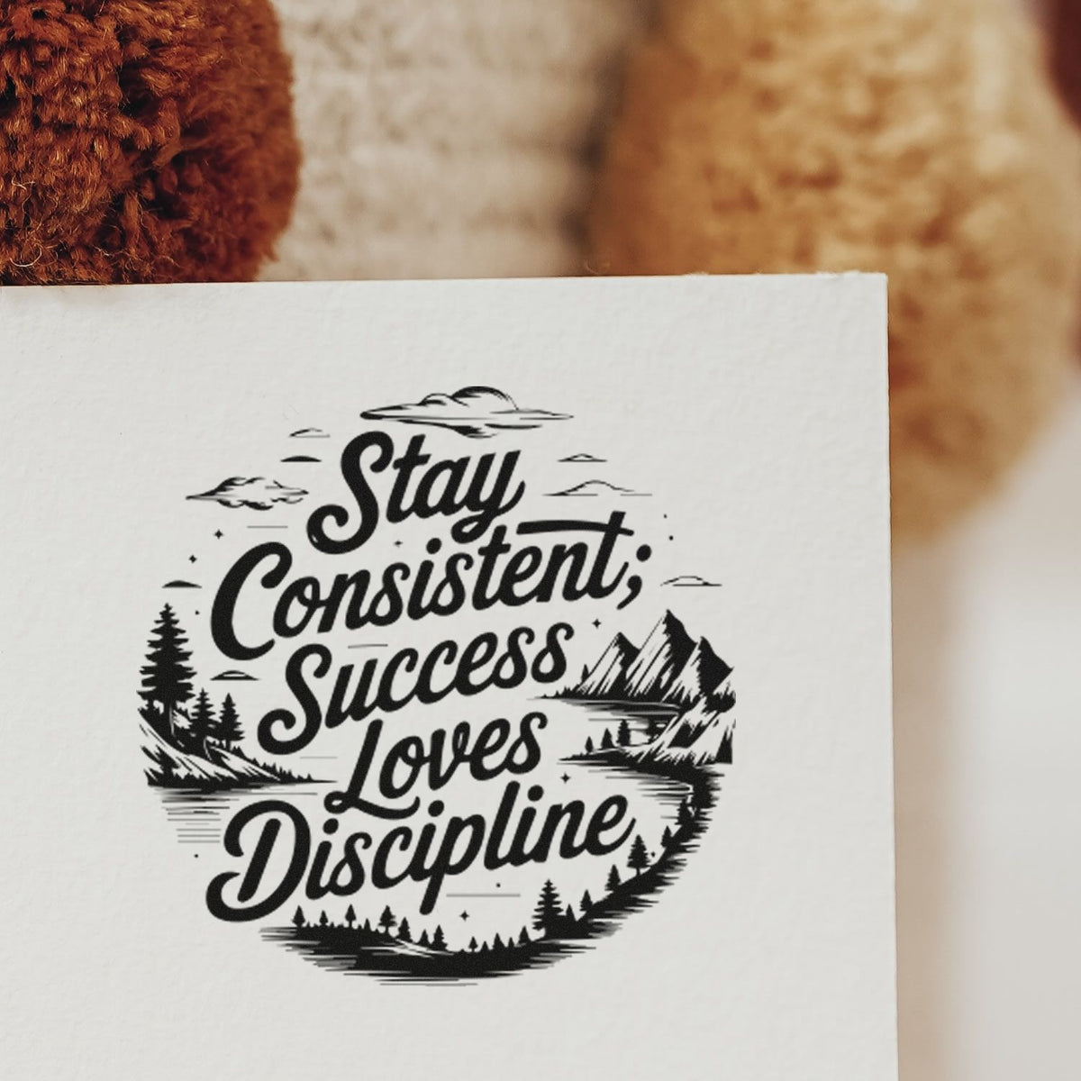 Black motivational stamp seal on white paper reading Stay Consistent, Success Loves Discipline with mountains and trees.