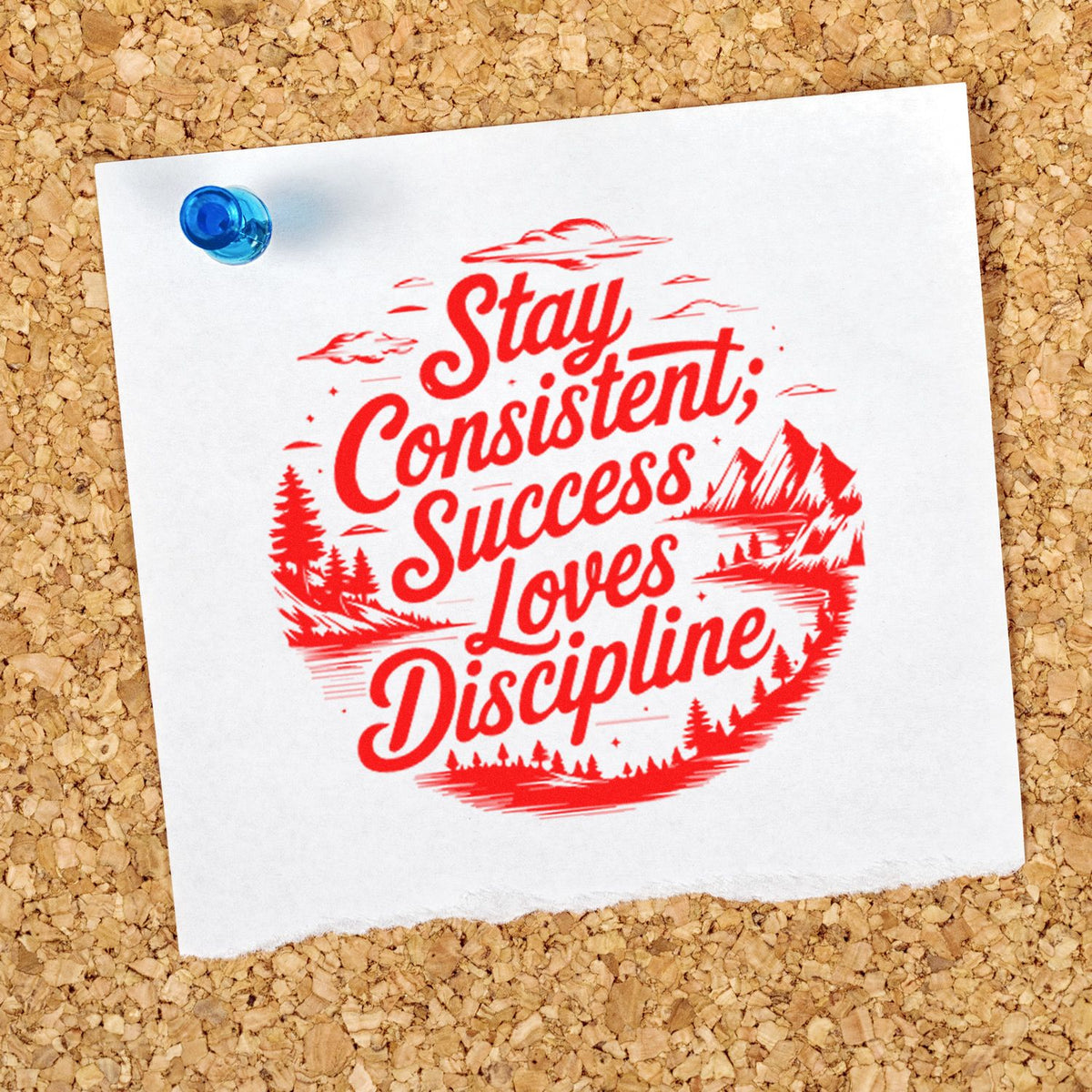 Red motivational stamp seal on white paper pinned to corkboard, with mountain and pine graphics, blue pushpin.