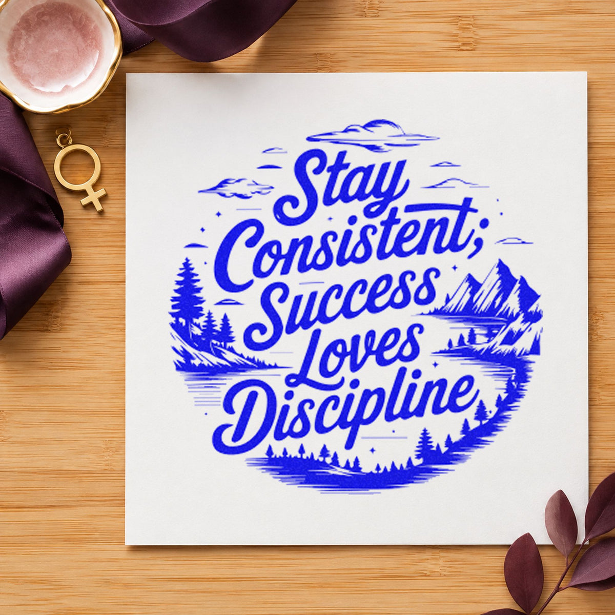 Consistent Success Loves Discipline craft stamp imprinted in blue ink on paper, a design suited to framed ski school hut.